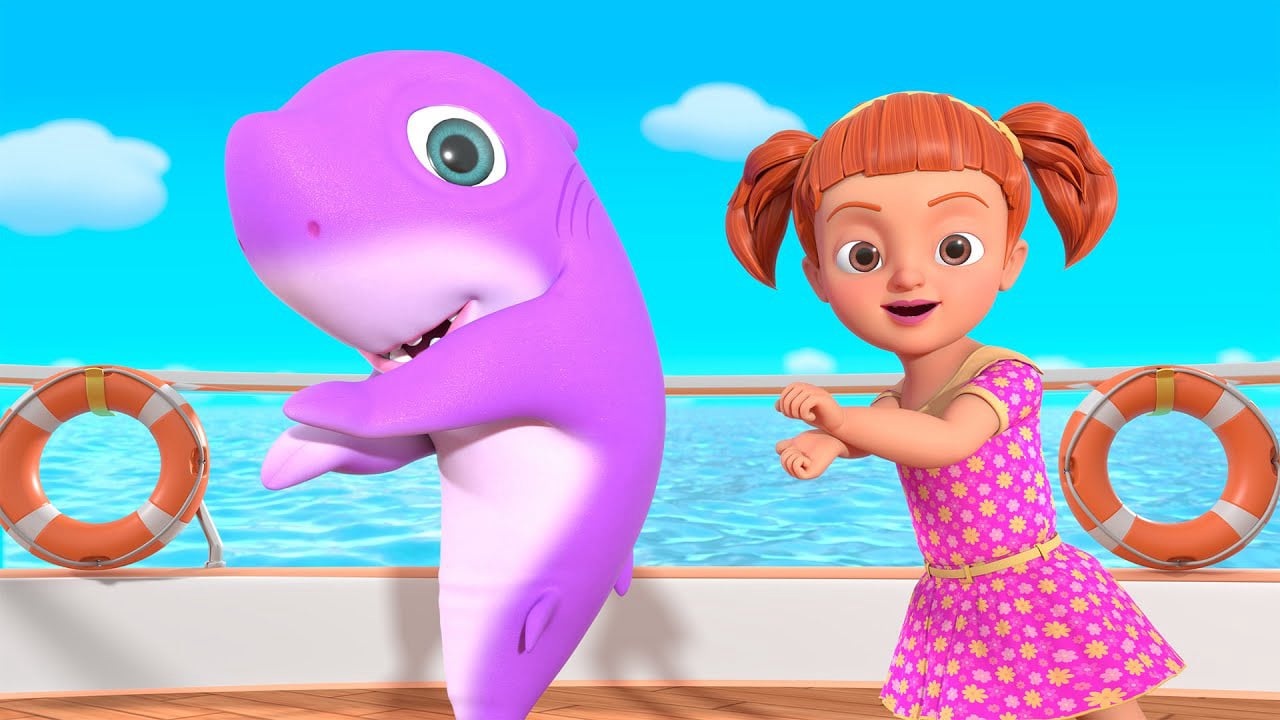 Emma and Joey smiling and dancing on a luxury boat with the Baby Shark family, surrounded by clean blue sea water.
