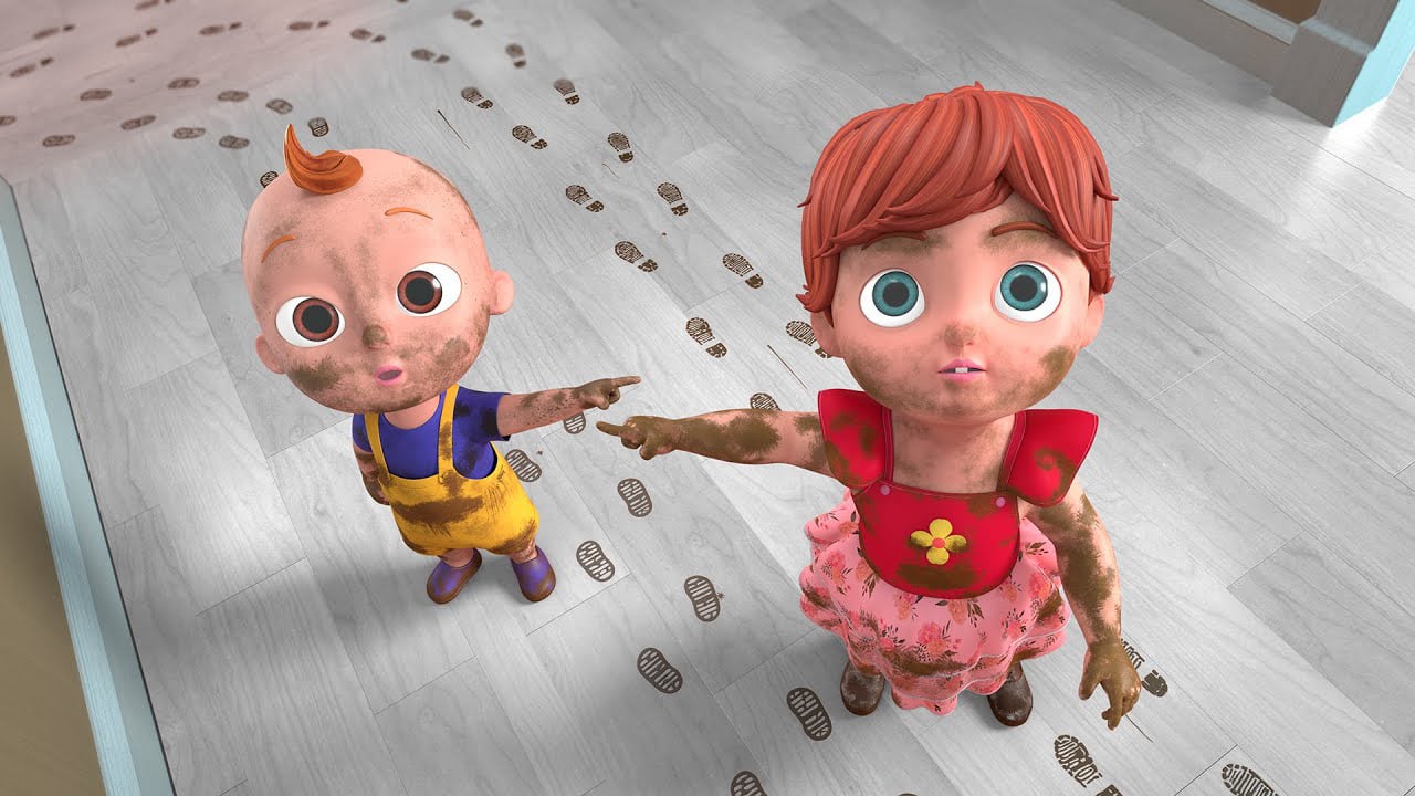 Two animated toddlers, Emma and Joey, covered in mud from head to toe, standing next to a trail of muddy footprints on a wooden floor and pointing forward.Emma and Jinny happily brushing their teeth together with white toothpaste foam around their mouths and on their toothbrushes.