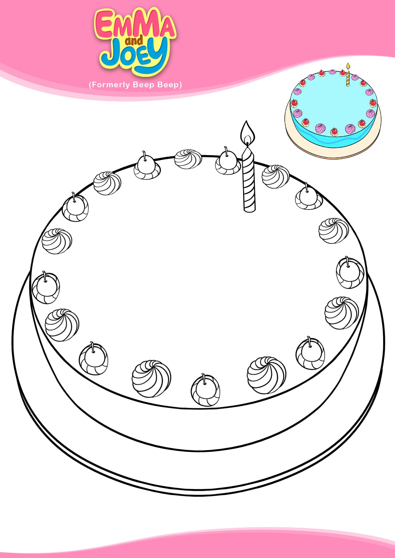 Emma and Joey birthday cake coloring sheet for kids
