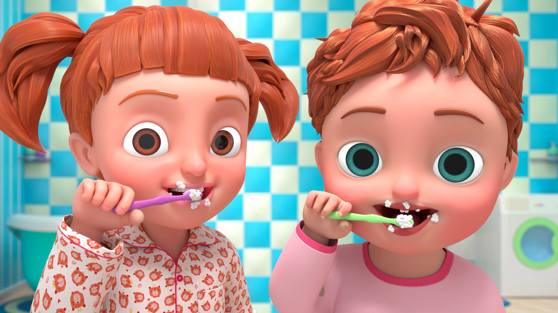 Emma and Jinny happily brushing their teeth together with white toothpaste foam around their mouths and on their toothbrushes.