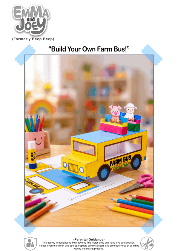 A colorful toy bus with chairs on the roof driving past a farmhouse, driven by Johny with friendly farm animals like cows, pigs, and sheep getting on board. (Note: It is best practice to keep alt text descriptive and under 125 characters so screen readers process it easily.)