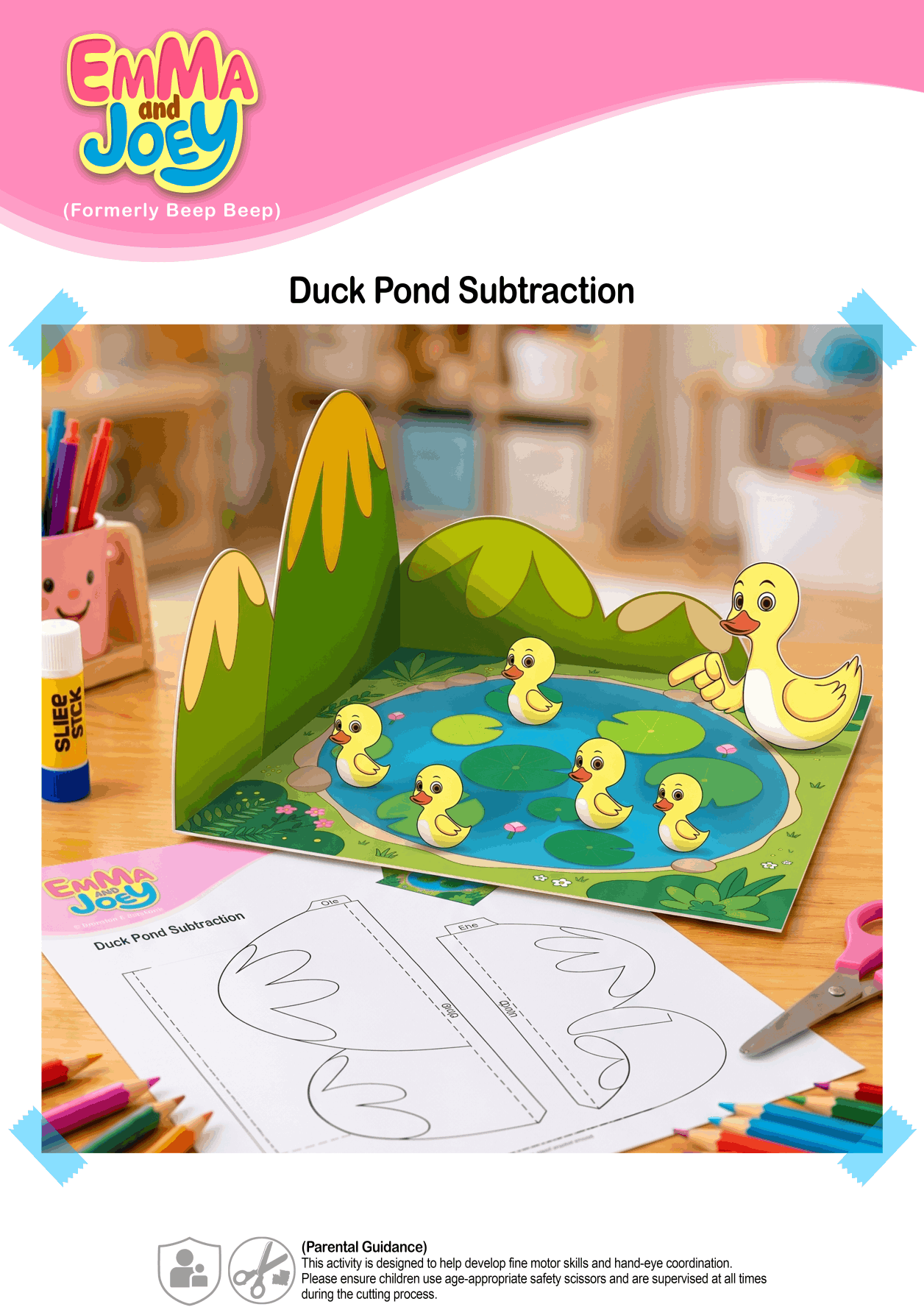 A promotional photo for the Emma and Joey 'Duck Pond Subtraction' activity. A completed 3D paper craft featuring a blue pond, a mother duck, and five small yellow ducklings stands against a paper hill backdrop on a wooden desk. In the foreground, there are colored pencils, safety scissors, a glue stick, and a printed black-and-white worksheet showing the hill cutouts.