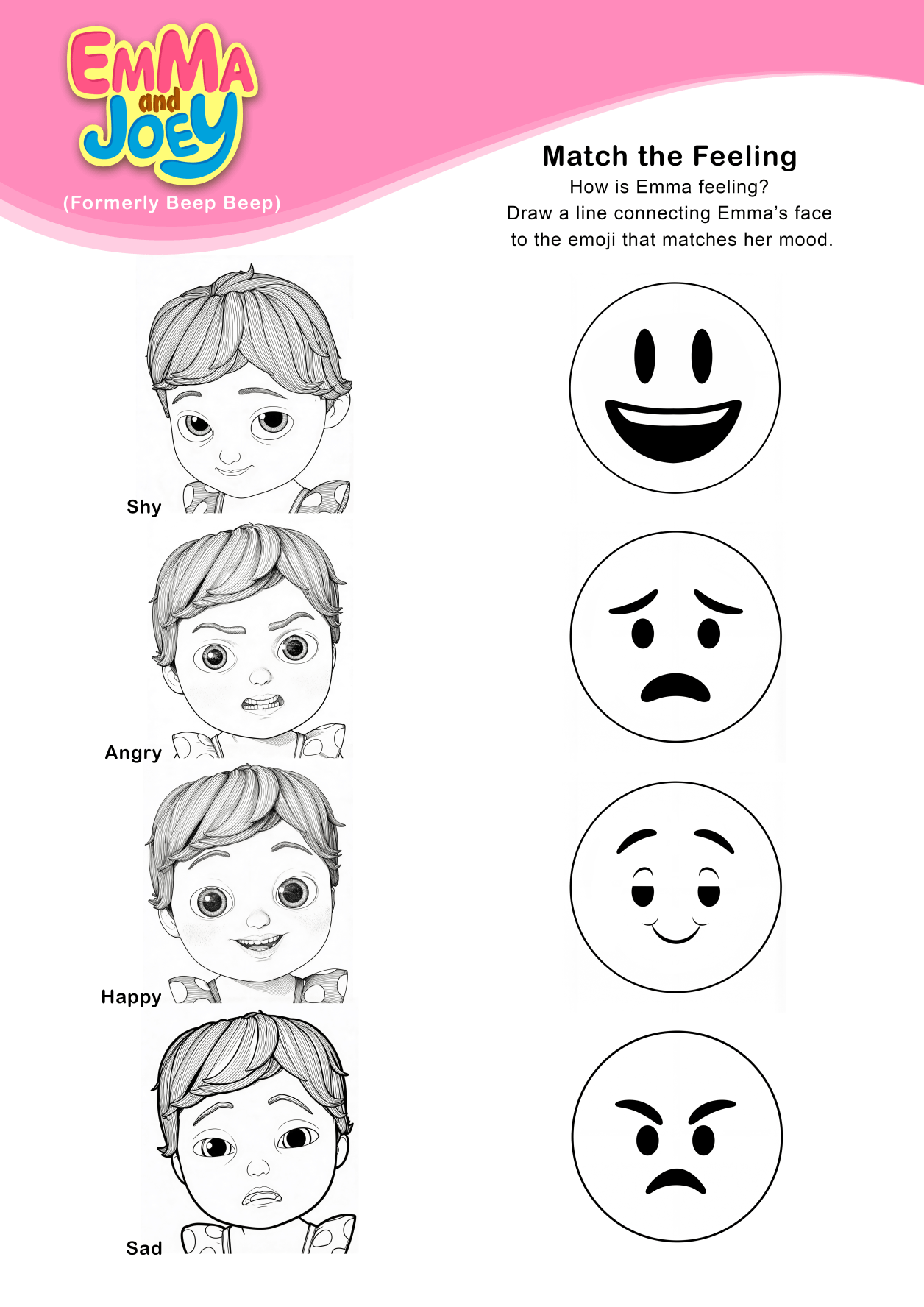 A printable matching activity sheet titled "Match the Feeling" featuring the character Emma. The left column shows four line drawings of Emma making different emotional faces labeled Shy, Angry, Happy, and Sad, to be matched with four blank outline emoji icons in the right column.