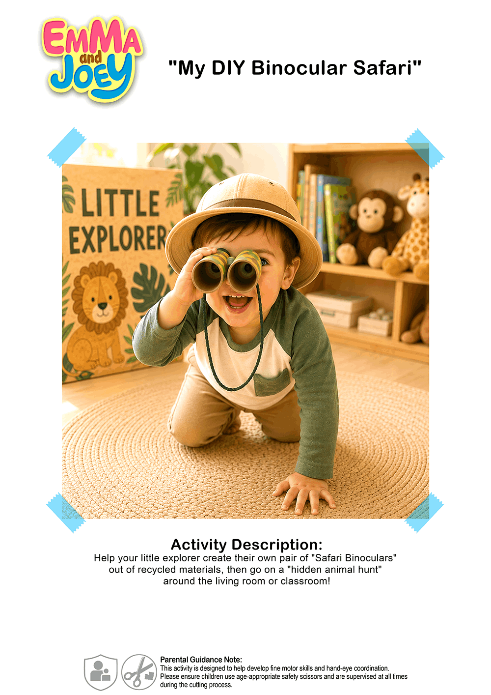 Little preschool explorer toddler wearing a safari hat looking through DIY homemade toilet paper roll binoculars craft. 