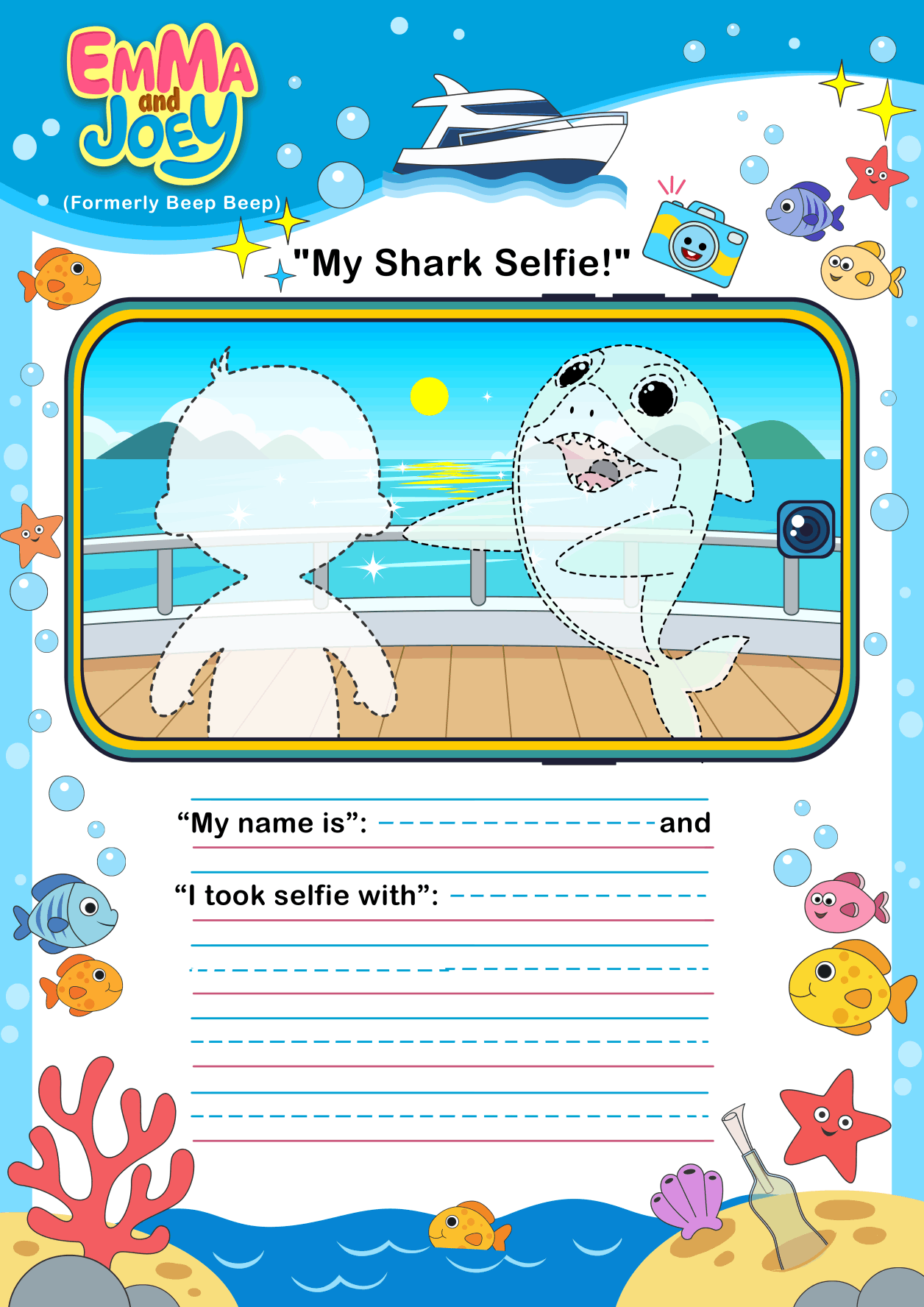 Have children draw a picture of themselves hanging out with their favorite member of the shark family on a boat. Once they finish drawing their "selfie," ask them to write or dictate a short sentence about what they fed the shark or what game they played together. This encourages creativity, fine motor skills (drawing/coloring), and narrative building.