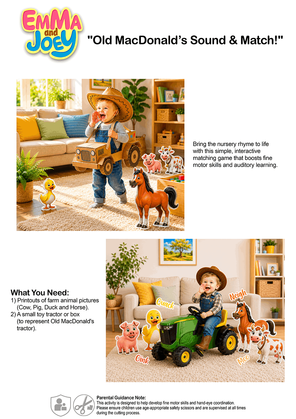 A toddler wearing a cowboy hat and a cardboard box tractor playing the Emma and Joey Old MacDonald Sound and Match game with farm animal cutouts. Child is also sitting on a green toy John Deere tractor surrounded by cartoon farm animal printouts including a cow, pig, duck, and horse with sound labels.