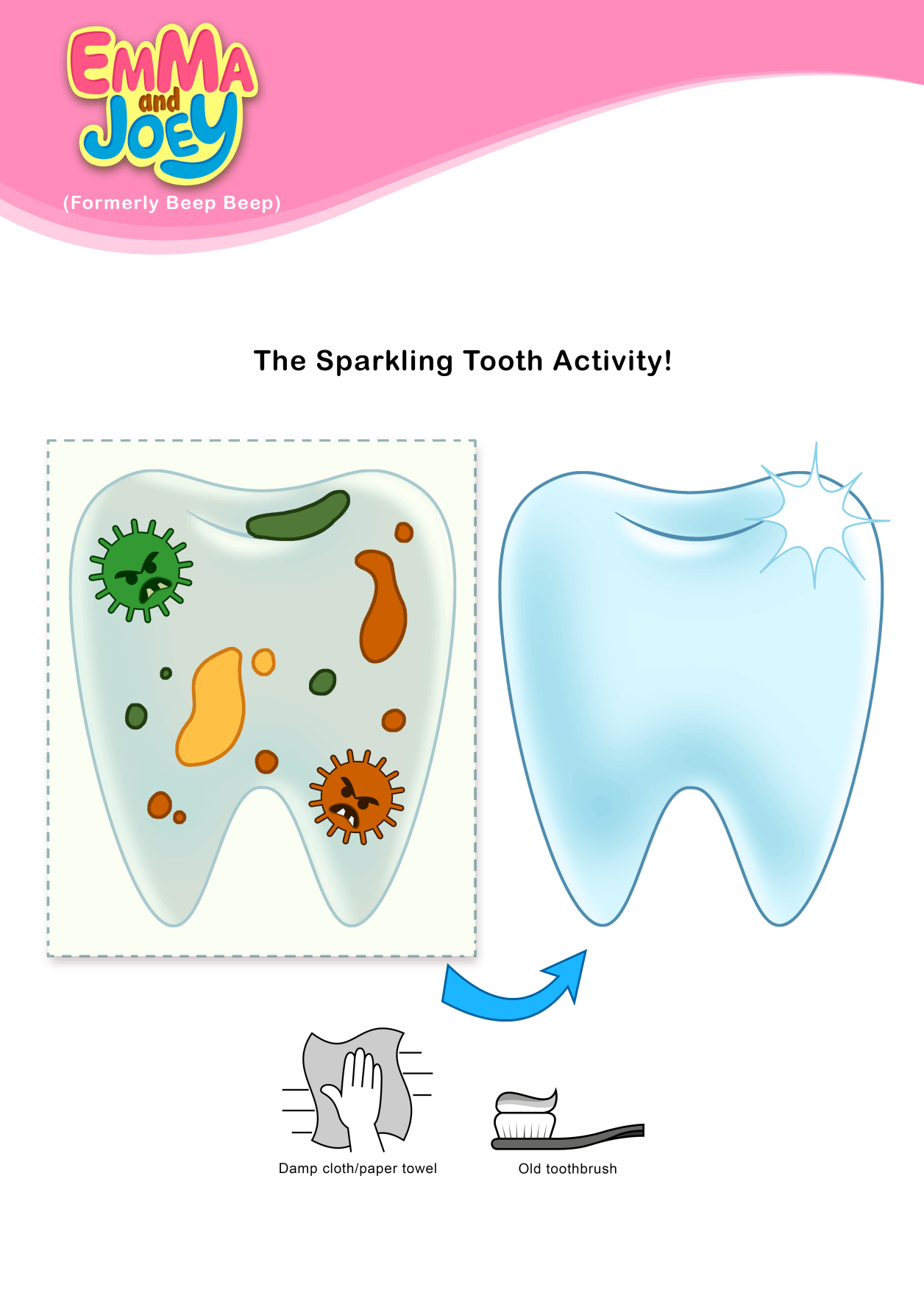 Clickable preview of 'The Sparkling Tooth' printable activity pack for kids by Emma and Joey. The illustration shows a fun brushing game where kids use an old toothbrush or damp cloth to scrub drawn-on sugar bugs off a tooth until it is sparkling clean. Click to download the free PDF worksheet.