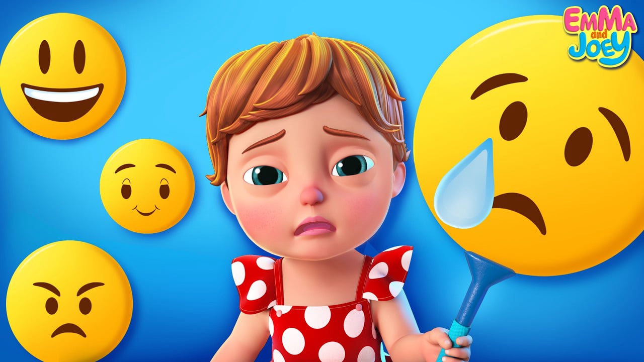 A 3D animated girl named Emma with short brown hair and a red polka-dot dress, looking worried or sad. She is surrounded by various yellow emoji icons representing different emotions: a laughing face, a smiling face, an angry face, and a large crying face emoji on a stick that she is holding. The background is a bright, solid blue.