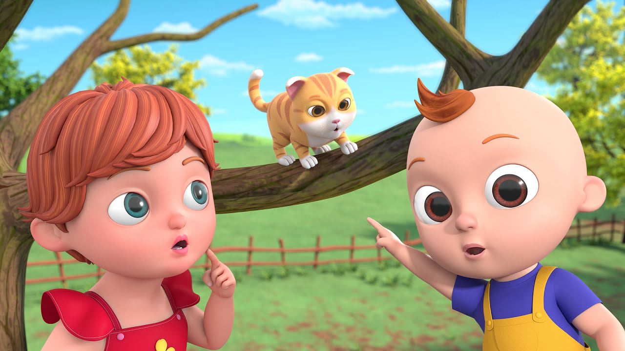 Emma, Joey, Jinni, and Johny working together on a farm to rescue a kitty stuck in a tree